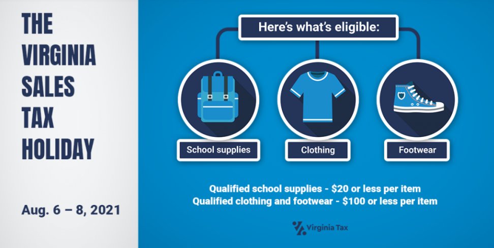 August 6-8, 2021. The 3-day sales tax holiday starts the first Friday in August at 12:01 am and ends the following Sunday at 11:59 pm. For more information visit: tax.virginia.gov/virginia-sales…