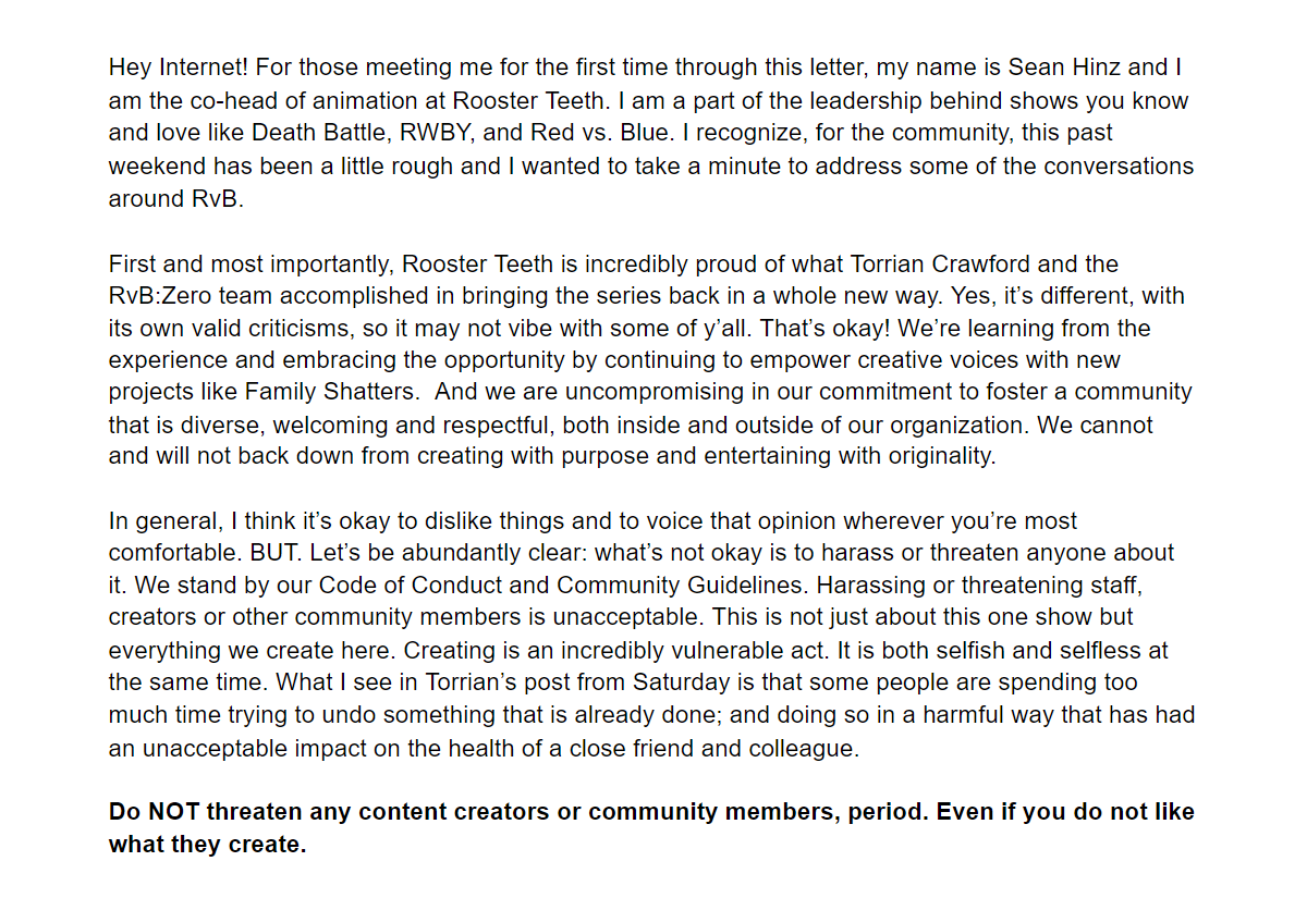 SeanHinz's tweet photo. A letter to the @RoosterTeeth community and #RvB fans everywhere https://t.co/2OvYyxx2Fr