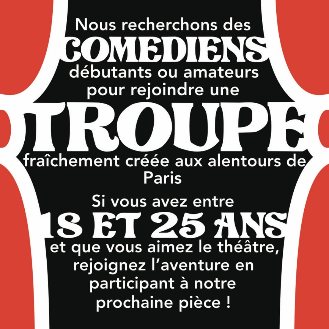 AlexandreT0's tweet image. [Recrutement de comédiens]

Venez nous rejoindre pour participer à notre prochaine pièce ! Nous sommes une troupe de théâtre fraîchement créée près de Paris et composée de jeunes amateurs entre 18 et 25 ans.

Qu'importe votre niveau, contactez-nous au 06 17 21 39 50 !