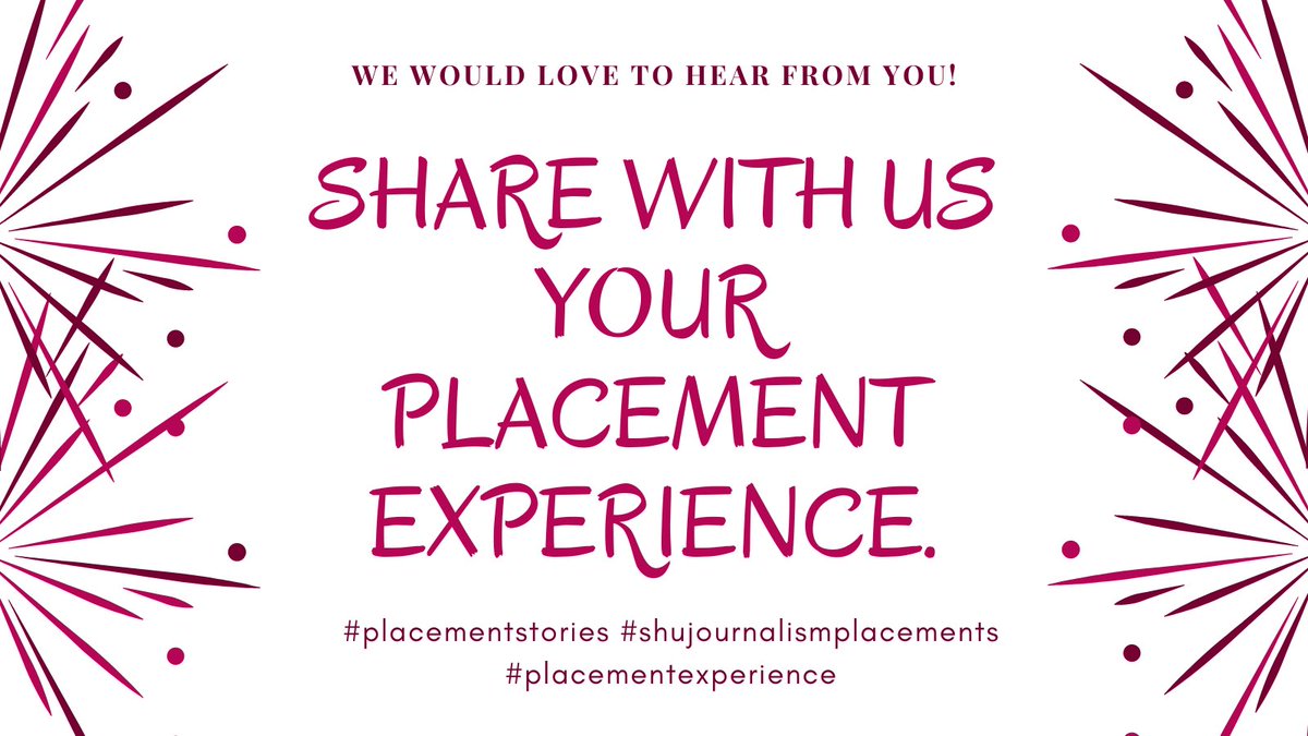 SHUJournalism's tweet photo. We cheered for you as you started your placement because we know how important it is for your career.
We would love to hear from you! Share with us your placement experience. You can DM us or email Helen Johnston for it.
#placementexperience #shujournalismplacements https://t.co/goeU7FNdia