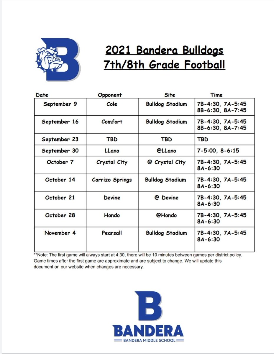 BMS_DogsSports's tweet photo. Bulldogs,
Here is the updated schedule for our 2021 middle school football season. Looking forward to a great year of hard work! #WeAreOne #BMSfootball https://t.co/whDA0GxYNT