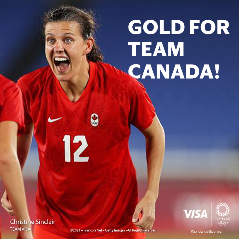 VisaCA's tweet photo. It's time to 🎉. Huge congratulations to @Sincy12 and @TeamCanada ⚽️ on their ☝️place finish. 🥇#Tokyo2020 #TeamVisa