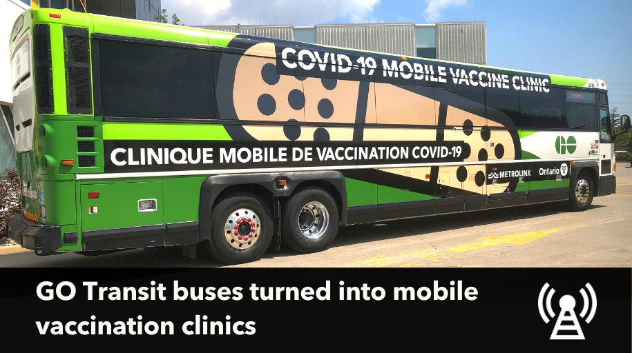 Metrolinx's tweet photo. 🚍 To support vaccine efforts, we've transformed two GO buses into mobile vaccination clinics.

➡️ No appointments needed.
➡️ Clinics are fully accessible.
➡️ Anyone aged 12+ can get their 1st or 2nd Pfizer dose.

Details &amp; schedule: https://t.co/2nylMi1LZx #MetrolinxFYI https://t.co/Y3uxGm1occ