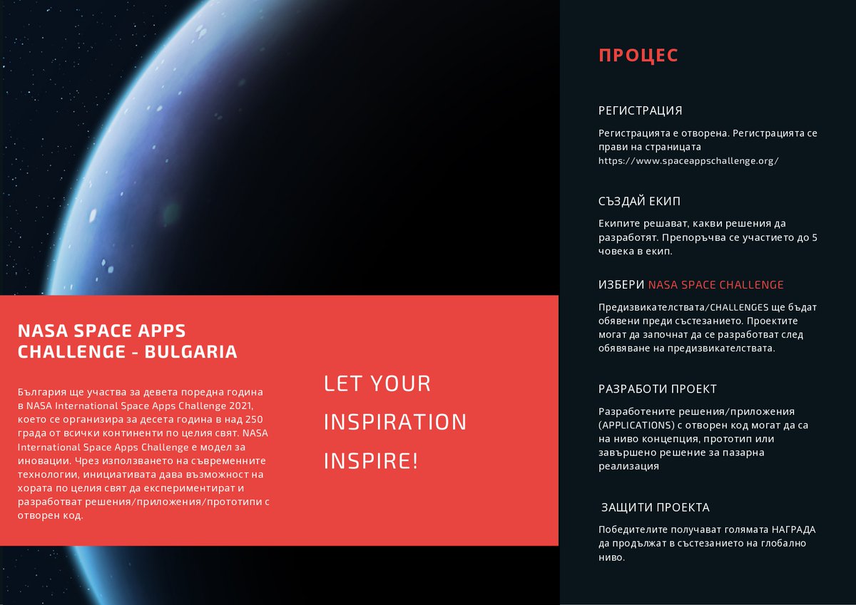 Countdown to 02-03 October 2021!
Join Sofia - Bulgaria -> REGISTER ON 2021.spaceappschallenge.org/auth/signup/