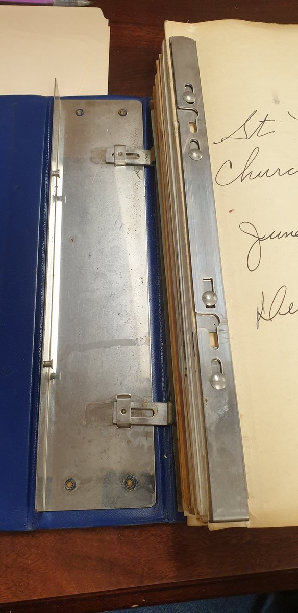 OysterHiatus's tweet image. Why were unnecessarily complicated binder clasps so popular in the mid century? 
I&apos;m absolutely baffled about how to open the blue one. 
#archivesproblems