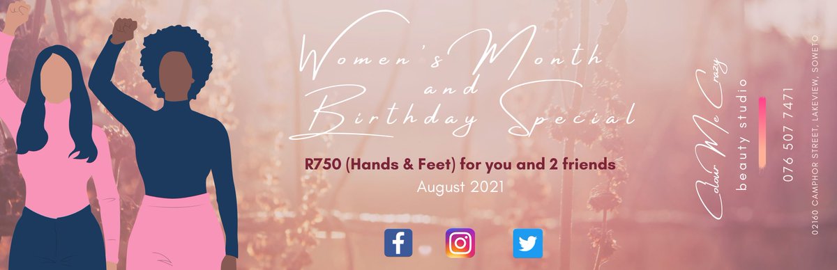 ColourMeCrazyBs's tweet photo. August is a special day for us.

- We’re celebrating our Birthday (1 Year Anniversary)
- We’re celebrating Women’s Month 

So as always, we’ve got something for you.

R750 (Hands &amp; Feet) for you and 2 friends. 

🎀 https://t.co/ATyh7EBnsD