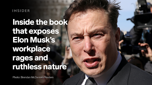 Graphic shows an image of Elon Musk with text that reads: “Inside the book that exposes Elon Musk’s workplace rages and ruthless nature.”