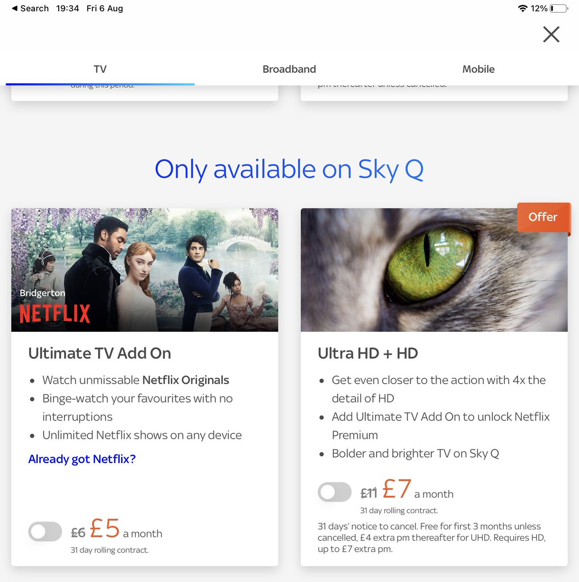 WaneC11's tweet photo. @SkyHelpTeam I’m trying to add Netflix and UHD to my sky q but the website won’t let me click it. https://t.co/44y4zMoYD3
