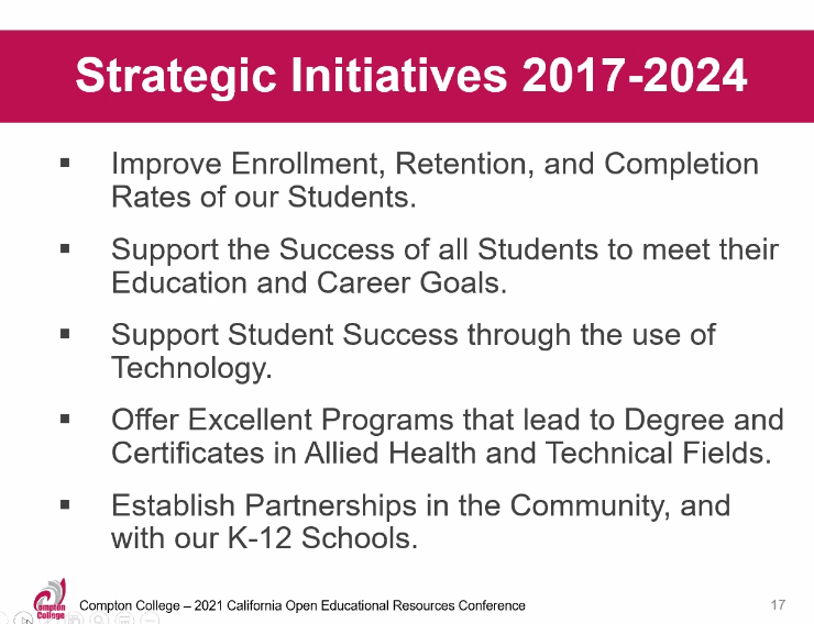 cal_oer's tweet photo. Compton College strategic initiatives:
#CalOER2021 #OER #OpenEd https://t.co/ek8daGsMm2