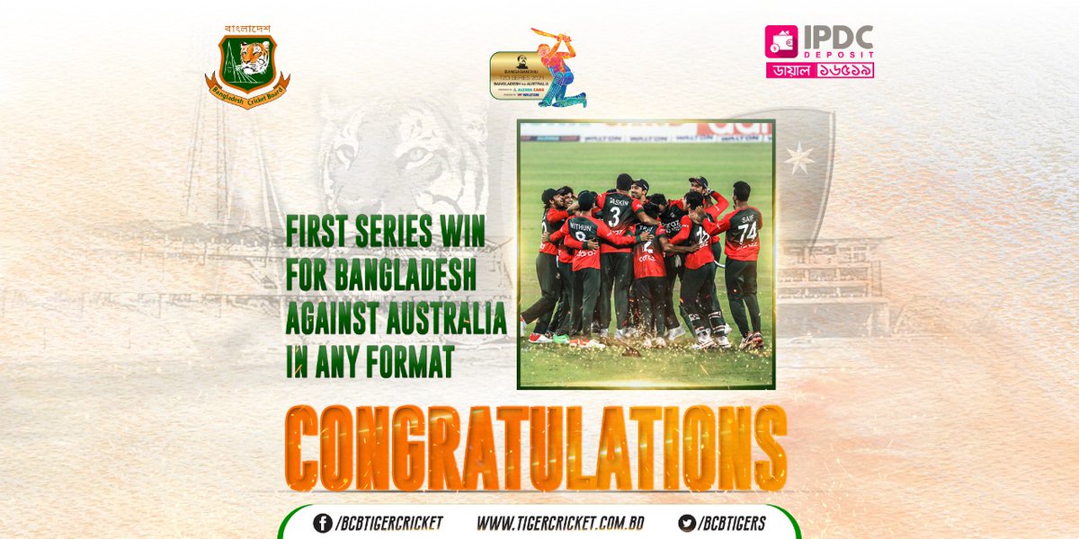 BCBtigers's tweet photo. Congratulations to the Tigers for the first ever series win against Australia in any format 👏

#BANvAUS https://t.co/69SlVEK5v6