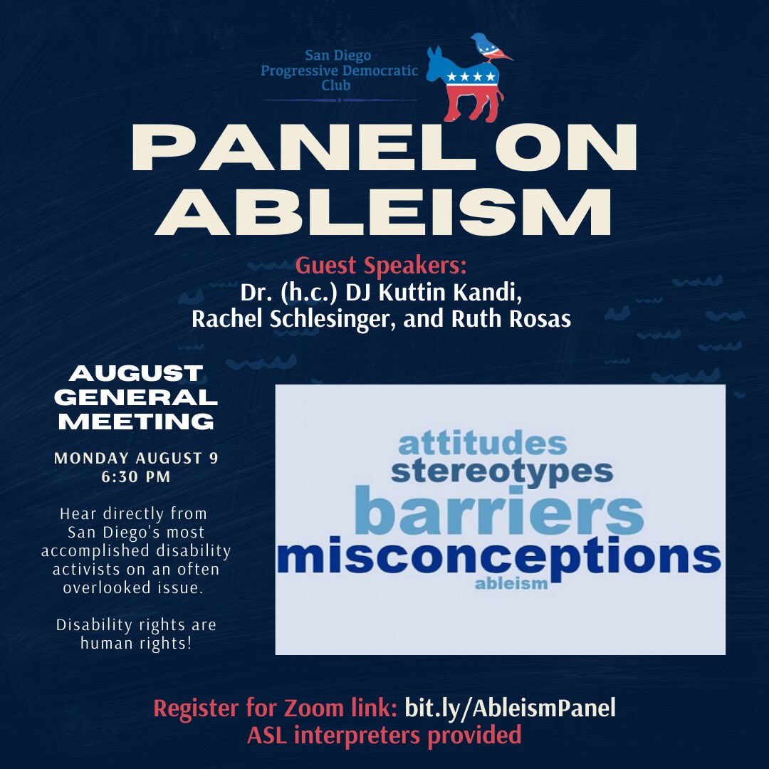 SDProgressives's tweet image. Our August General Meeting is this at 6:30 this Monday! 

Disability rights are human rights! 👁🦻🫁🧠🫀🦶