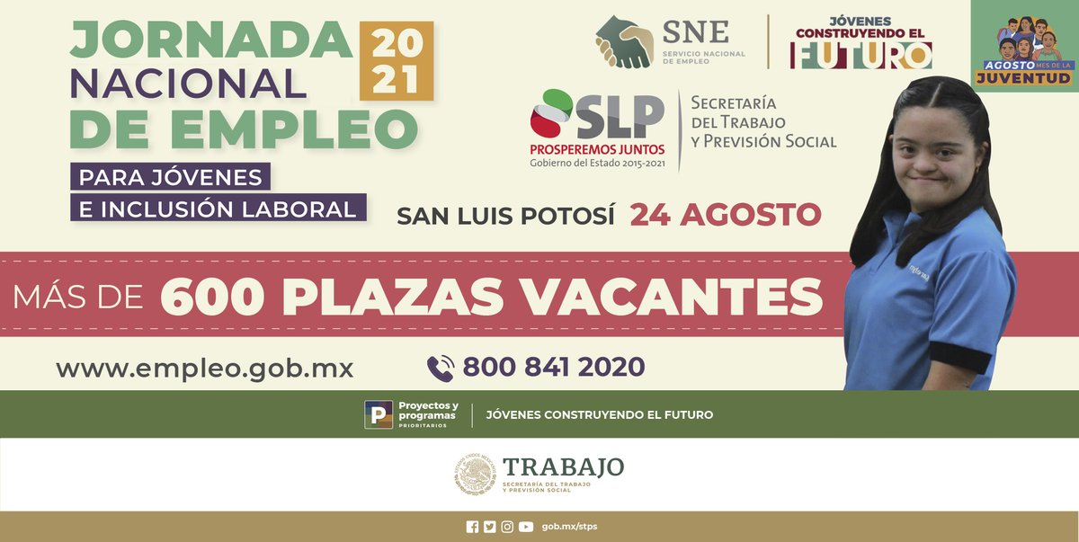 SNESanLuis's tweet photo. ¿Buscas empleo?

Te invitamos a la #JornadaNacionalDeEmpleo2021 #Virtual para #Jovenes e #InclusiónLaboral.

📅 Fecha: 24 de agosto.

➡ Empresa o Candidato regístrate en:

🌐 https://t.co/H4XDDV6kJ6

🚨 EVENTO VIRTUAL GRATUITO 🚨

#STPSSLP #TrabajamosPorTi #TrabajamosPorMéxico https://t.co/TQcWuOCeQ2