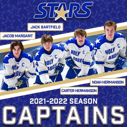 HolyAngelsPuck's tweet photo. Stars are excited to announce the captains for the 2021-22 season - Noah Hermanson, Carter Hermanson, Jack Bartfield and Jacob Margarit!

#stars #poundtherock

@Noah_Hermanson @CarterHermanso1 @jackbartfield @MargaritJacob https://t.co/GKUAn5VlDe