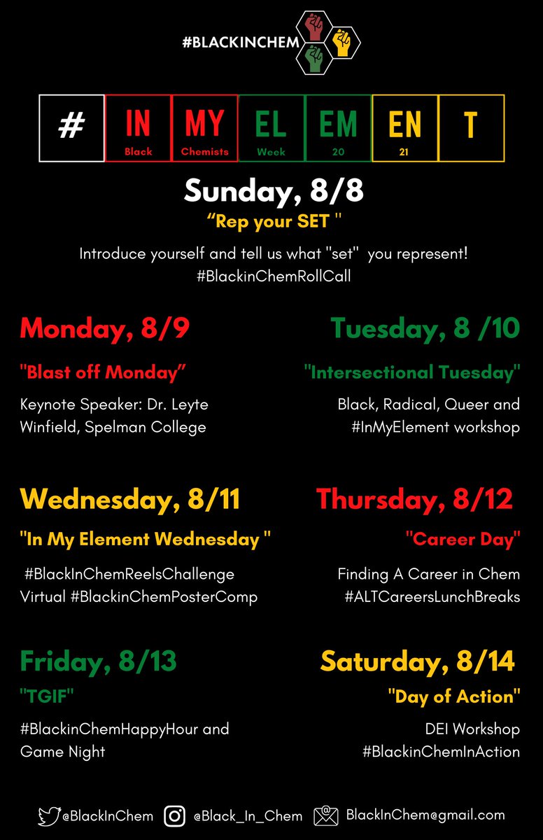 ResearchAmerica's tweet photo. #BlackChemistsWeek2021 starts next week!
Sunday: #BlackInChemRollCall
Monday: Keynote Webinar w/ Dr. Leyte Winfield
Tuesday: #QueeringSTEM Workshop
Wednesday: Poster Competition 
Thursday: Alternate Careers in Chemistry
Friday: Friday Fun Day
Saturday: #BlackInAcademia Panel https://t.co/5b3uI7zTHM