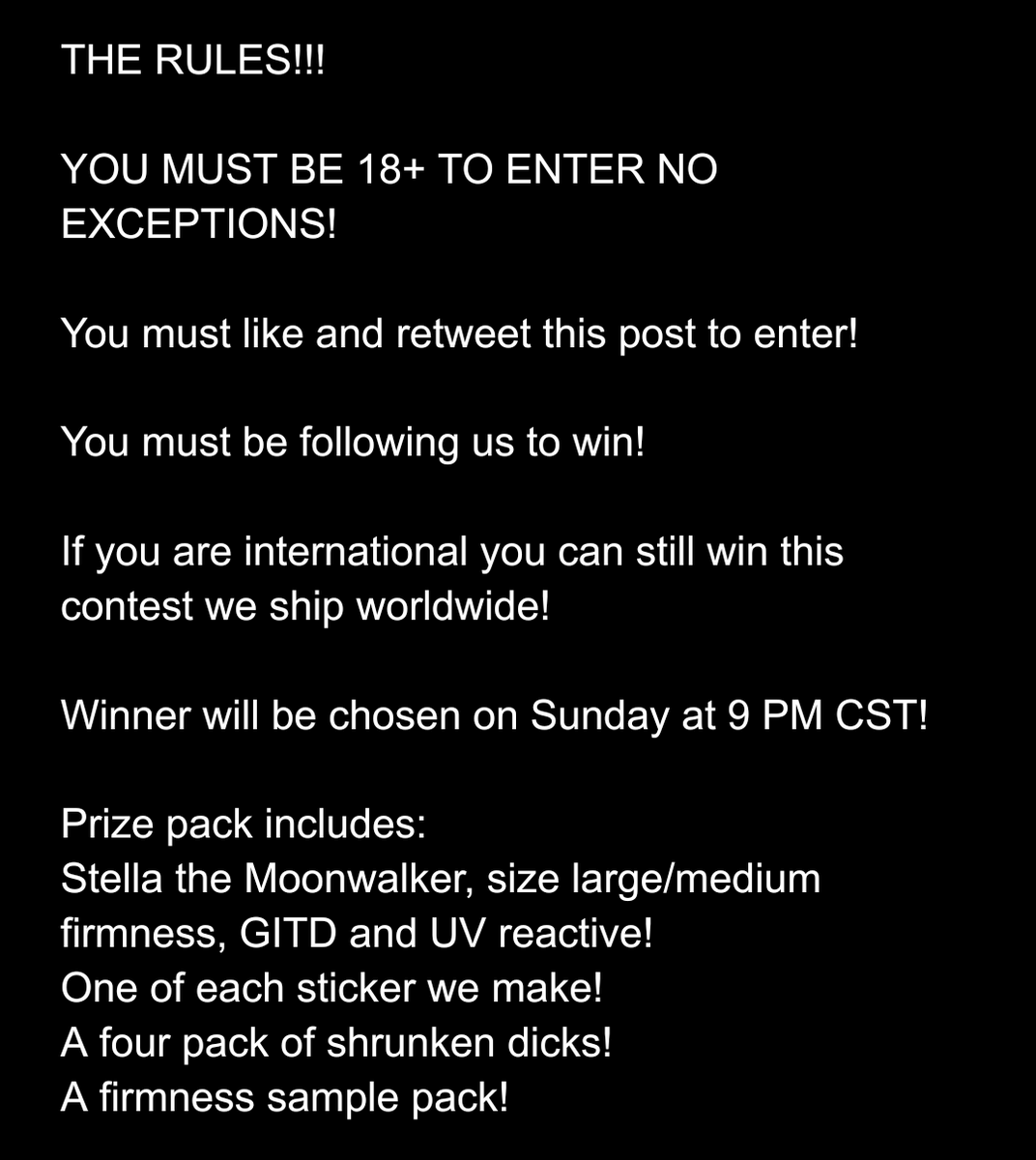 Kudu_Voodoo's tweet photo. ITS THAT TIME FOLKS! We are hosting a 15k follower GIVEAWAY! Rules are in the images below! Winner will be chosen on Sunday at 9PM CST! This is a size large, medium firmness Stella who's GITD and UV reactive so she glows like fire 🤩 good luck everyone! 
#giveaway #sextoy #dildo https://t.co/PnVDs4ydQY