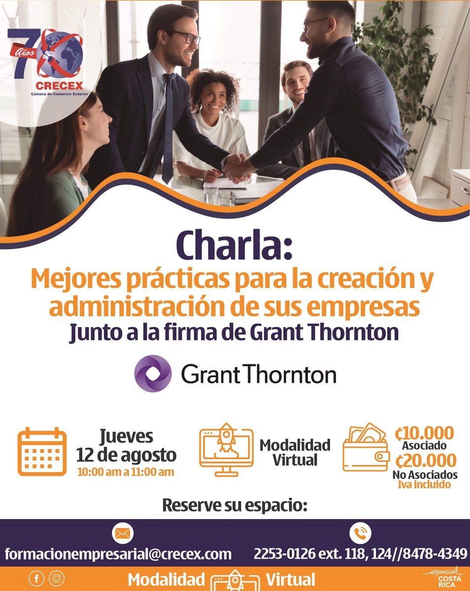 CrecexImport's tweet image. Charla: Mejores prácticas para la creación y administración de sus empresas

Jueves 12 de Agosto de 10:00 am a 11:00 am
Asociado ¢10.000 / No Asociado ¢20.000

Reservaciones:​
formacionempresarial@crecex.com
2253-0126 ext. 118 / 124
8478-4349

#Crecex #GrantThornton