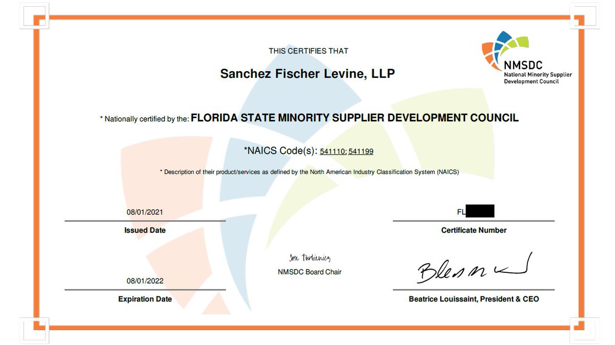 Thrilled to announce our certification as a Minority Owned Business Enterprise by the @NMSDCHQ .  SFL joins a distinguished list of certified minority-owned suppliers.  Read more here: sfl-law.com/sfl-certified-…