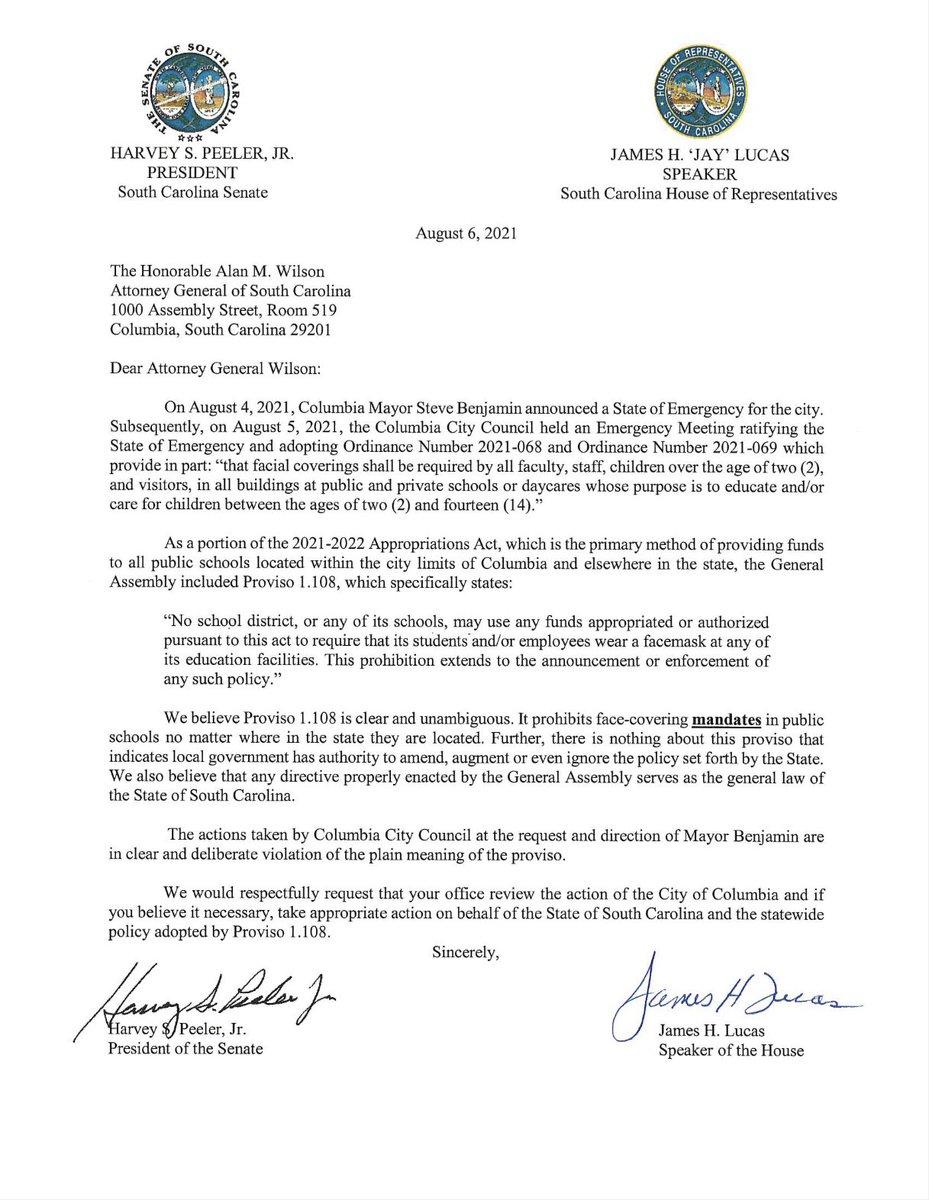 Jay Lucas (@jhlucas65) on Twitter photo <a href="/harveypeeler/">Harvey Peeler</a> and I sent a letter to <a href="/AGAlanWilson/">Alan Wilson</a> this afternoon regarding the recent City of Columbia mask ordinances. Read our full letter below. <a href="/harveypeeler/">Harvey Peeler</a> and I sent a letter to <a href="/AGAlanWilson/">Alan Wilson</a> this afternoon regarding the recent City of Columbia mask ordinances. Read our full letter below.