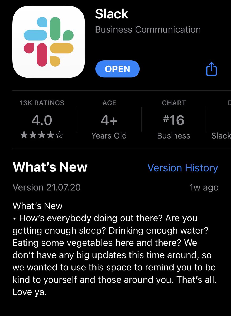 Best software “update” I’ve seen in a while. Thanks, <a href="/SlackHQ/">Slack</a> ! ❤️ #mentalhealth #physicalhealth #selfcare