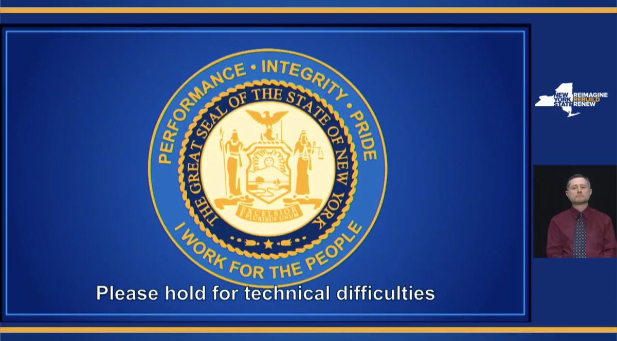 After adding the “I work for the people” outer ring and “E Pluribus Unum” to the state seal, Cuomo has now added “please hold for technical difficulties.”