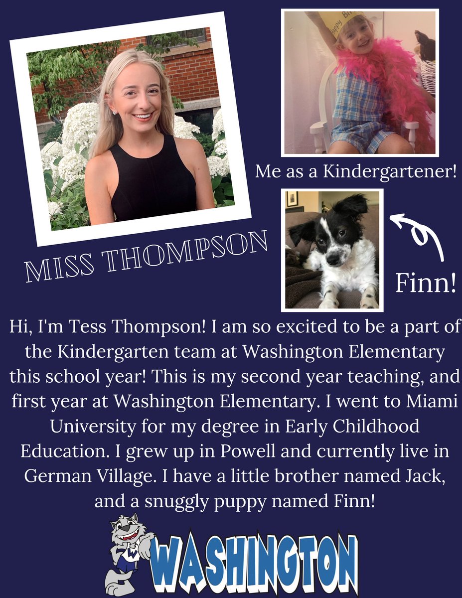 Please welcome one of our new kindergarten teachers to Washington! We are so excited to have Miss Tess Thompson as part of our Washington family!!