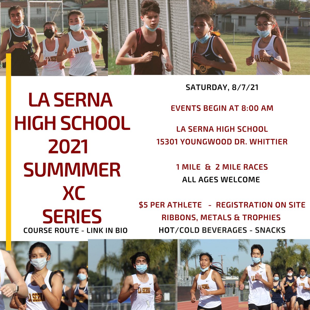lasernaxctf's tweet photo. Run our 2021 Summer XC Series  Sat. 8/7🏃🏻‍♀️1st race is 8:00 am        ALL AGES WELCOMED 🏃🏻$5 per athlete. Registration done on site before the race. 🍩 ☕️ 🍊 🍿.      Hot/Cold beverages and snacks available. 👟#lasernahighschool #crosscountry #runners https://t.co/N2OPz99sSq