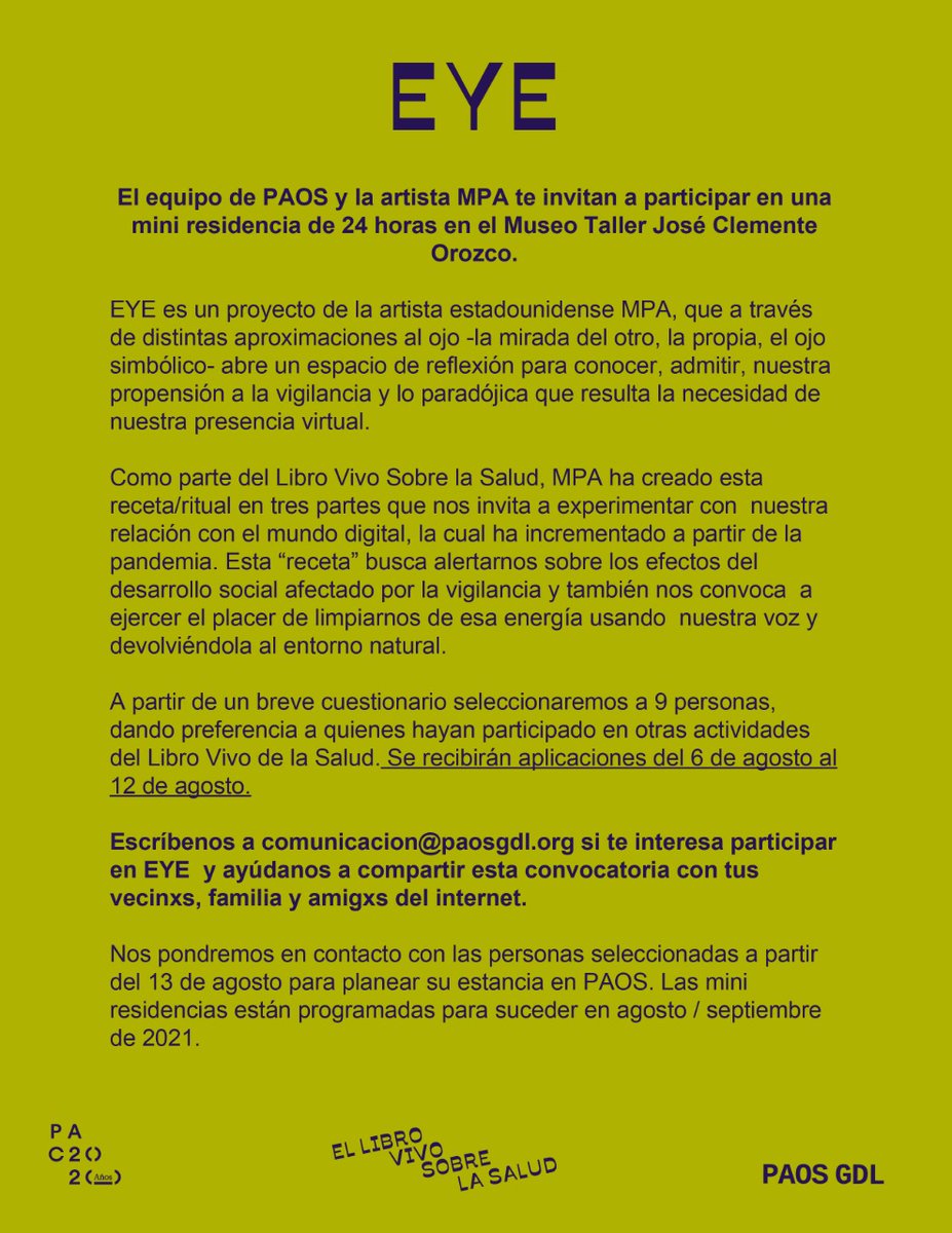 PAOSGdl's tweet photo. ¿Quieres hacer una residencia de 24 horas en PAOS?
MPA y nuestro equipo te invitamos a que apliques a 𝐸𝑌𝐸, un proyecto que nos confronta con la relación mundo presencial / mundo virtual.
Tienes hasta el 12 de agosto para aplicar.
Escríbenos a comunicacion@paosgdl para más info https://t.co/yizN574Ogc