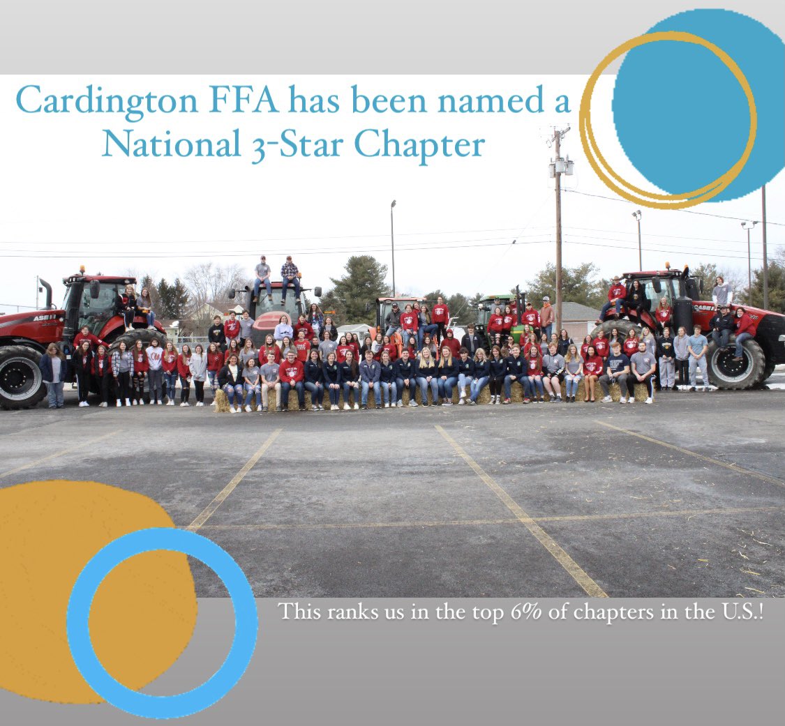 We’re super proud to announce that the Cardington FFA has been named a 3-Star Nationally-Rated Chapter! ⭐️⭐️⭐️

This means that our programming is ranked in the top 6% of chapters nationwide.

Catch us on stage in Indianapolis at the National FFA Convention this October!