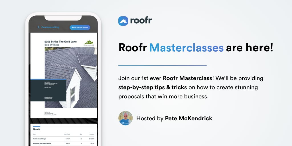 GetRoofr's tweet photo. Roofr Masterclasses are HERE!

Join us on Thursday, August 12th at 11am PST / 2pm EST as we host our first ever Masterclass!

We'll show you how to create beautiful estimates and quotes in minutes that win business.

Register today to save your seat! 

https://t.co/2qKMc2Do2l https://t.co/YgO1DgWTzu