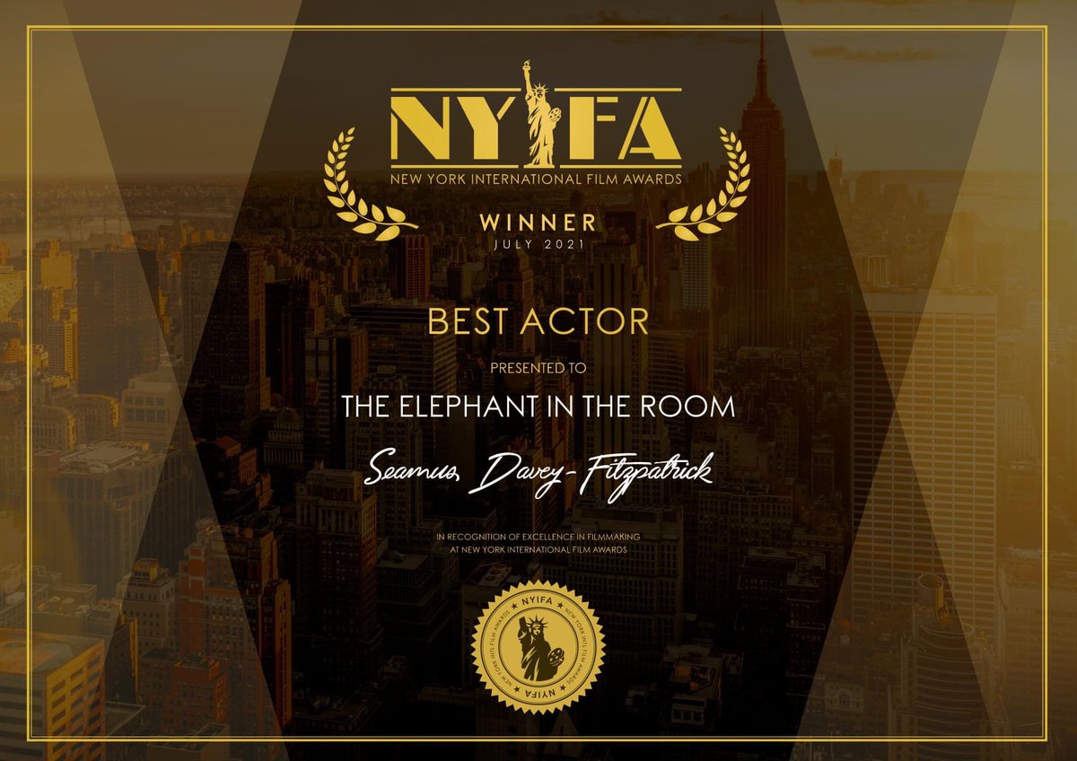 Congratulations to Seamus Davey-Fitzpatrick for winning a BEST ACTOR award at the @NYIntFilmAwards for his outstanding performance in “The Elephant in the Room”. #shortfilm #BestActor #filmfestival