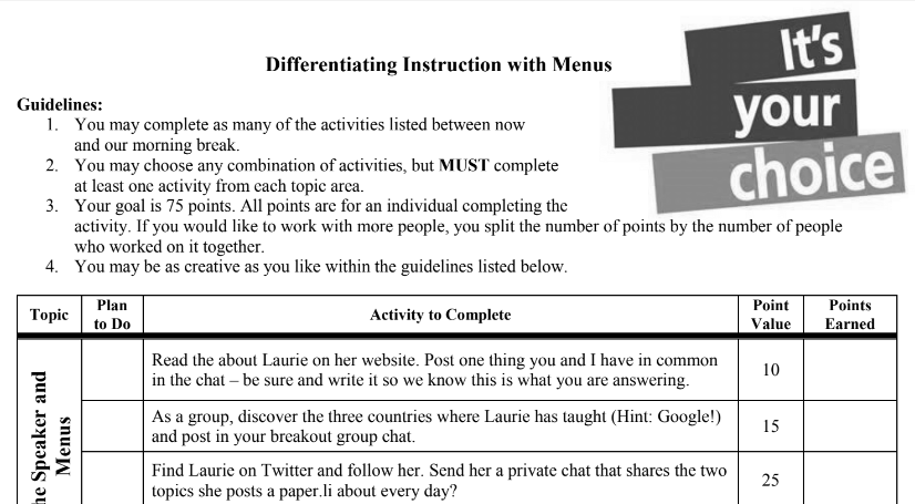 Learning about my second favorite type of Menus (behind "Restaurant" of course): Choice. Thanks for the clarity and resources <a href="/GTConsultant/">Laurie E. Westphal, Ed.D.</a>! 
#Learn2Inspire #WeRiseIrvingISD @PDdesignteam <a href="/IrvingISD/">Irving ISD</a>