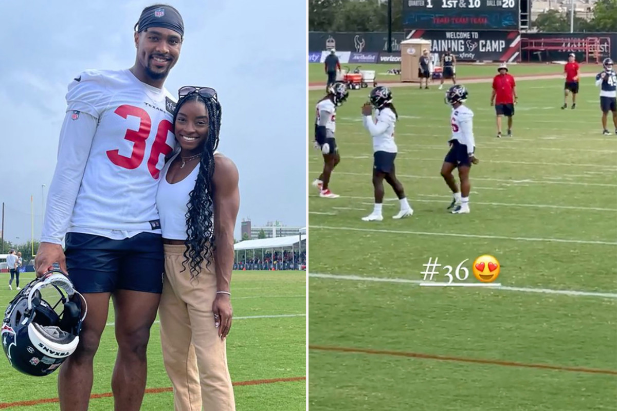 Simone Biles crashes Texans practice to reunite with boyfriend