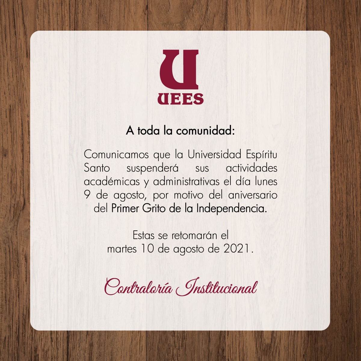 uees_ec's tweet photo. #UEESInforma
Las actividades académicas y administrativas quedan suspendidas el lunes 9 de Agosto por el #PrimerGritoDeIndependencia.
Estas se retomarán con normalidad el martes 10 de agosto. https://t.co/qx8bzadHMs