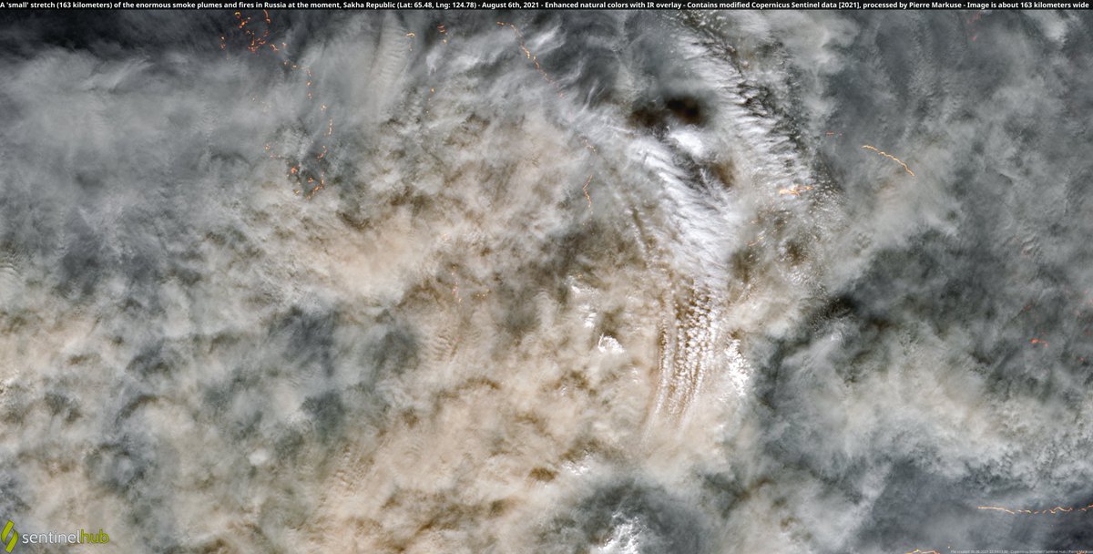 163 kilometers wide satellite image of a smoke plume and fires in Yakutia, Russia. Copernicus/Pierre Markuse