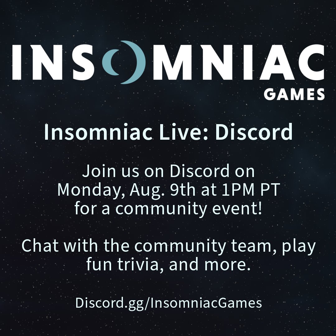 insomniacgames's tweet photo. Hangout with us on Monday for a Discord edition of Insomniac Live. We'll talk about the latest community updates, including Rivet Appreciation Week, what we've been playing lately, and more.

Event starts at 1PM PT in our Stages channel.

Our Discord: https://t.co/HjqnQF8uSk https://t.co/CVExrxyFLa