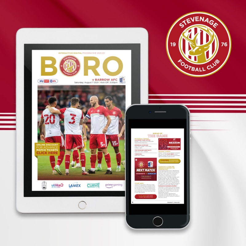 StevenageFC's tweet photo. 🚨 AVAILABLE NOW! 🚨 Take a read of our first Digital Matchday Programme of the 2021/22 season. 📱👇