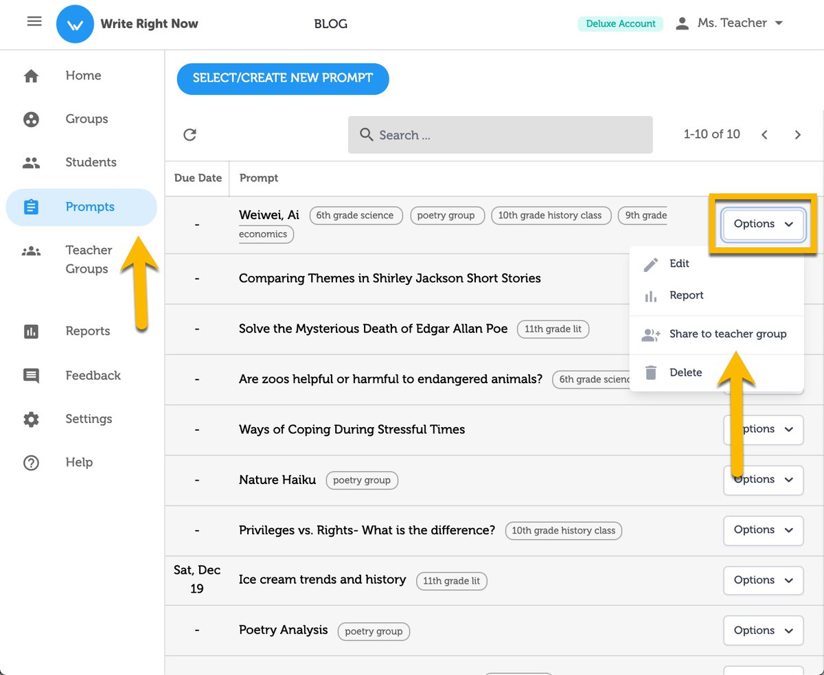 WriteRightNowUO's tweet photo. Why reinvent the wheel? Write Right Now lets you share writing prompts with other teachers. This is one of the features you have access to when you upgrade to the deluxe version. #writerightnow #deluxe #ELA #writingteacher https://t.co/TMyLNTOfXt