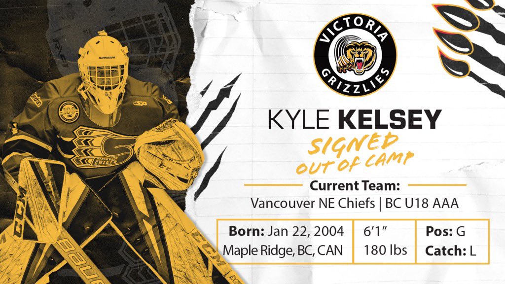 The Victoria Grizzlies are pleased to have signed goaltender, <a href="/kykelsey_/">Kyle Kelsey</a> from the @NEChiefsU18AAA for next season.

Welcome to the Grizzlies, Kyle!  

#WeAreGrizzlies