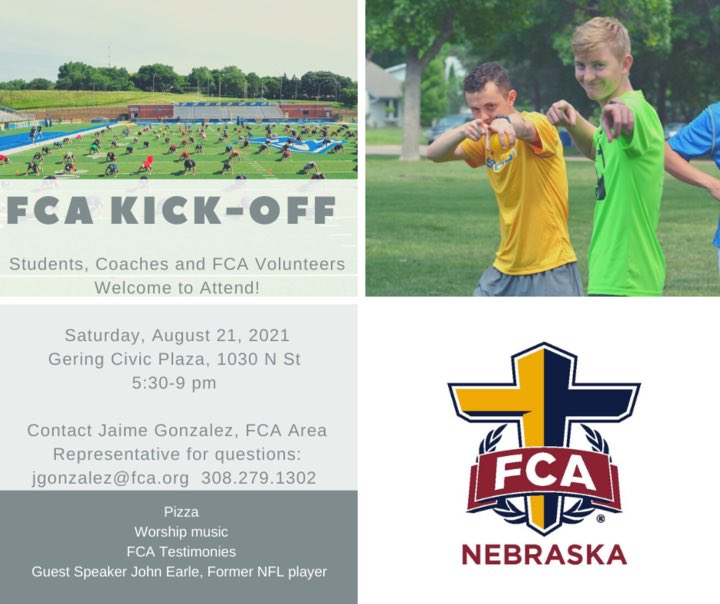August 21st! 
Mark it on your calendars!
We are excited to announce that we are doing a very first FCA Kick off for the Panhandle August 21st! Students, Coaches, and FCA Volunteers are welcome!! Let’s start the year off with our hearts and minds focused on Jesus! #Pursue