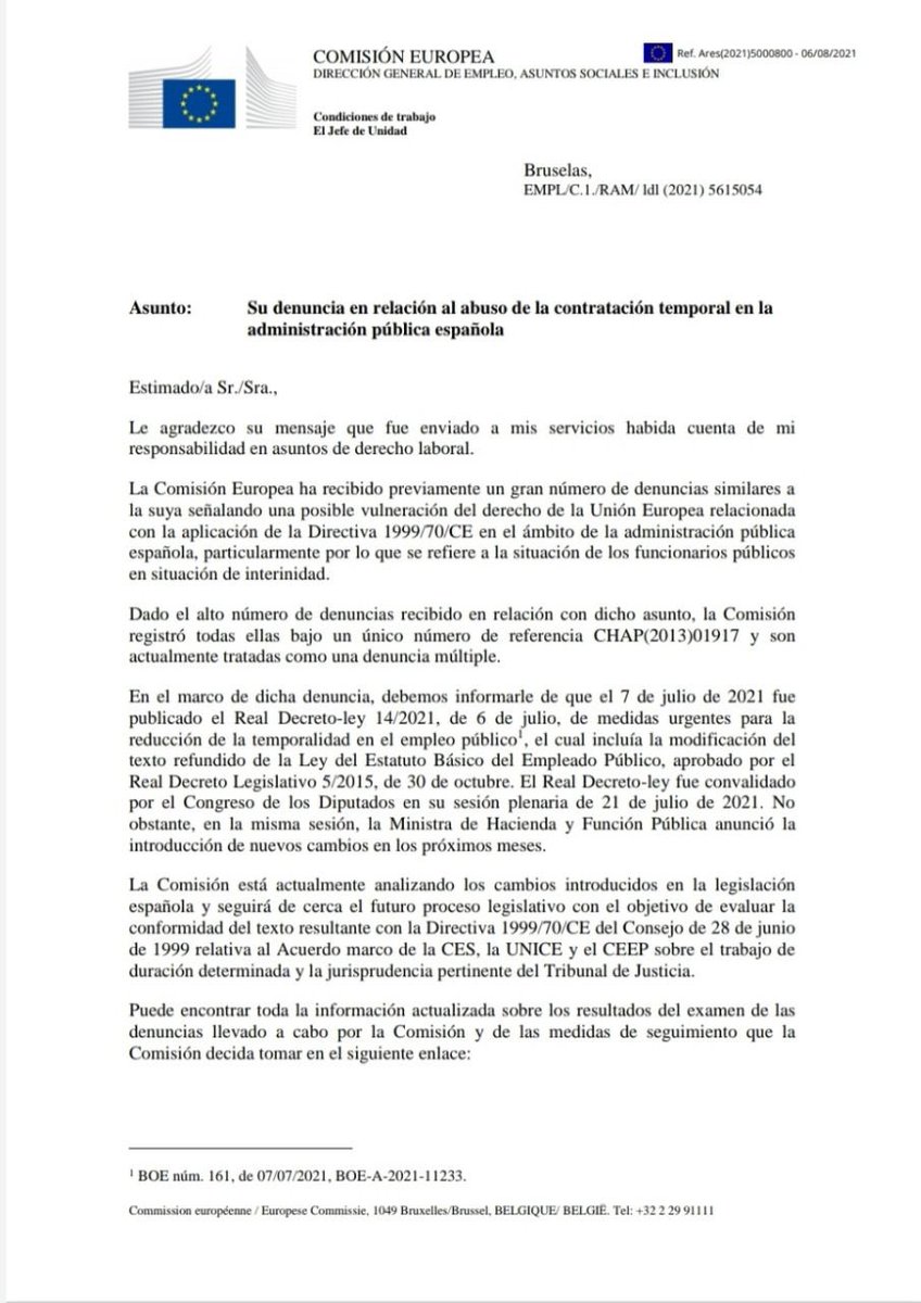 🔔@ComisionEuropea nos escucha
🇪🇺Vigilarán se cumpla la Directiva europea 1999/70/CE y STJUE 
⛔OPES NO son sanción
LA NORMATIVA EUROPEA SE TIENE QUE CUMPLIR @mjmonteroc @CiudadanosCs @LourdesArastey @Dir_CEenEspana