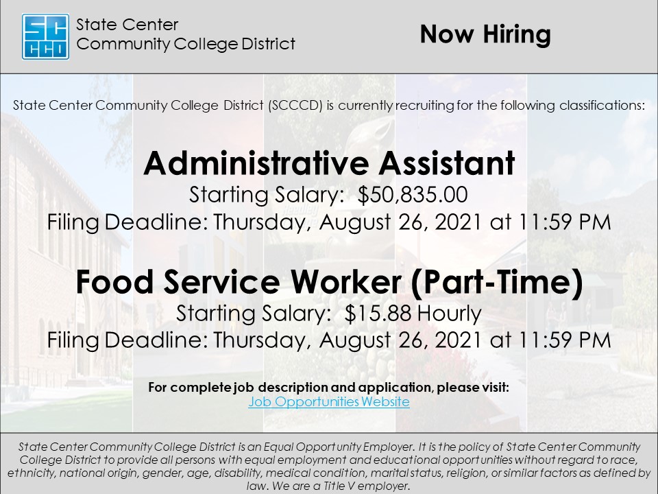 scccdcareers's tweet image. Currently recruiting for Administrative Assistant for The District Office and Fresno City College and Food Service Worker (Part-Time) for Reedley College. Visit: schooljobs.com/careers/scccd for more information and how to apply. #administrativeassistant  #foodserviceworker #applynow