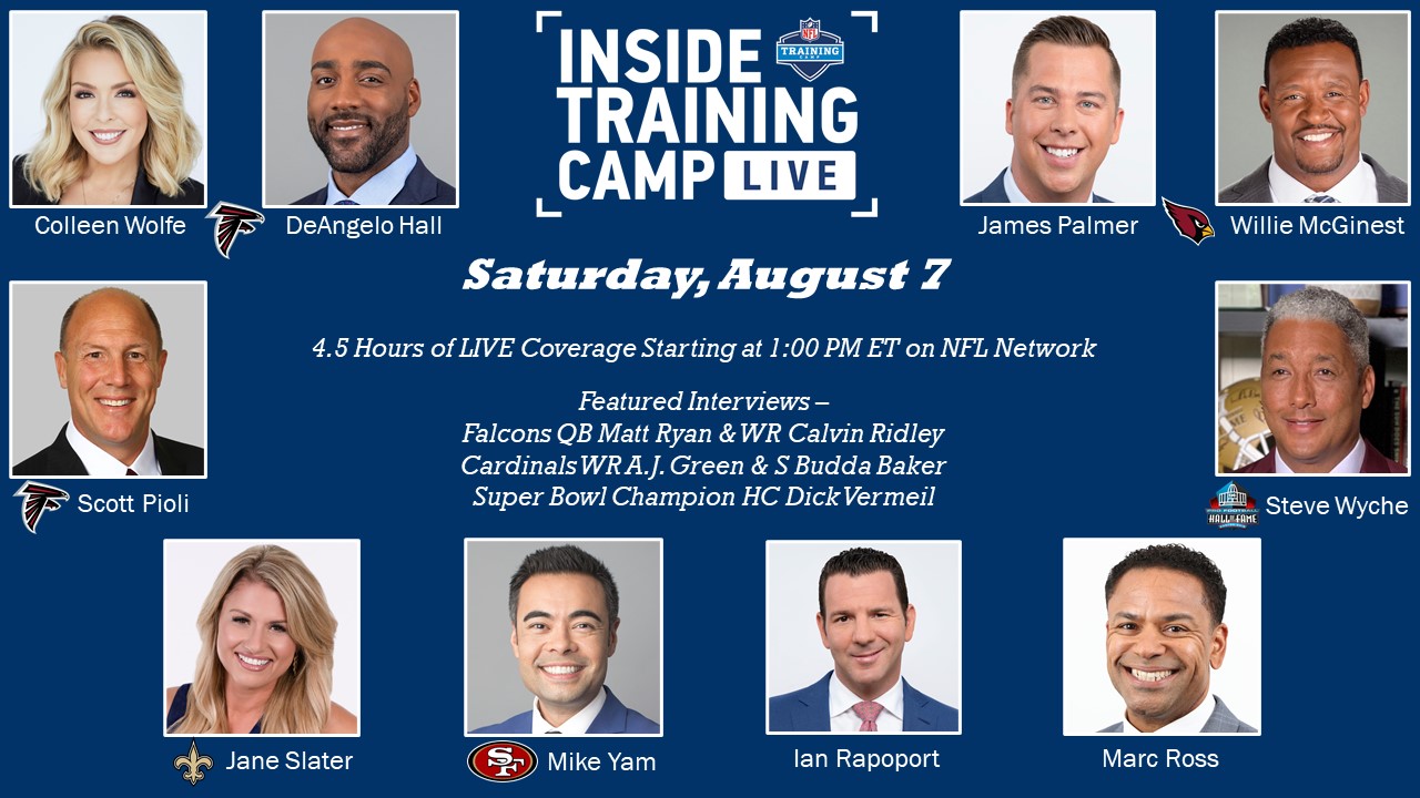 NFL Media on X: 'Inside Training Camp continues Saturday w/ 4.5 hours of LIVE  coverage starting at 1p ET on @nflnetwork Join @ColleenWolfe  @DeAngeloHall23 @scottpioli51 @JamesPalmerTV @WillieMcGinest @wyche89  @SlaterNFL @Mike_Yam @RapSheet @MarcRoss