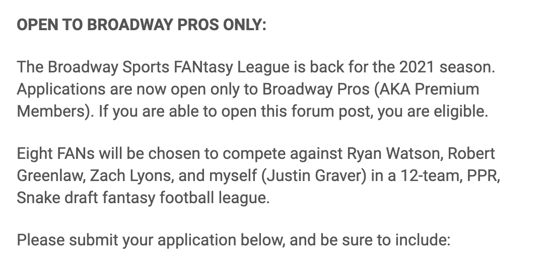 BroadwayTN's tweet photo. ANNOUNCING: The Broadway FANtasy league, a 12-team league with the hosts of @FlexOnBroadway, is back for the 2021 season. Now accepting applications. Participants will be selected LIVE August 25th.

Head to the Broadway Premium Forum to apply today [Pro] 👉https://t.co/aAHYpKCyhw https://t.co/ItABcAfG5R