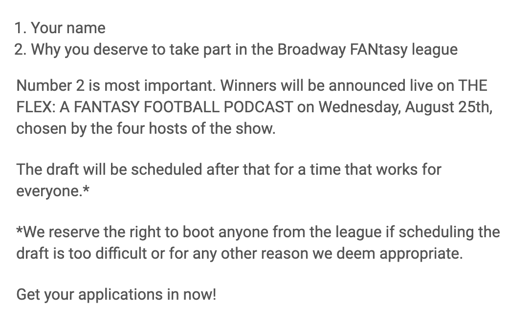 BroadwayTN's tweet photo. ANNOUNCING: The Broadway FANtasy league, a 12-team league with the hosts of @FlexOnBroadway, is back for the 2021 season. Now accepting applications. Participants will be selected LIVE August 25th.

Head to the Broadway Premium Forum to apply today [Pro] 👉https://t.co/aAHYpKCyhw https://t.co/ItABcAfG5R