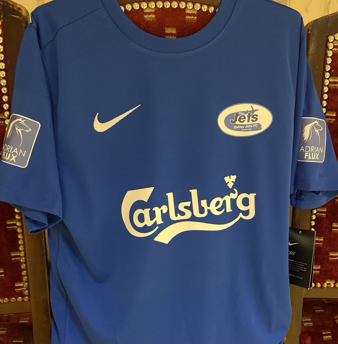 1972Jets's tweet photo. Many thx to our two national sponsors Carlsberg and Adrian Flux insurance for the fantastic new kit to start the season and wear in the famous FA cup tomorrow in its 150th season and our 50th. Your support keeps clubs like us going. https://t.co/w3woJzxamr