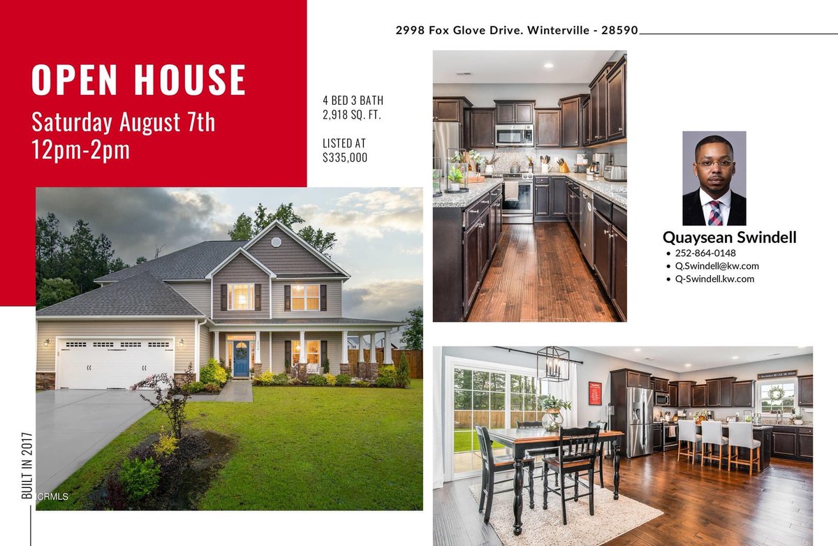 RealEstateQuant's tweet image. YOU’RE INVITED‼️🏡

⚠️OPEN HOUSE⚠️ at 2998 Fox Glove Drive, Saturday August 7th from 12pm-2pm!
Stop by and See this Immaculate home just listed in Winterville, NC!
This Beautiful 4-bedroom 3-Bathroom 2,918 Sq ft Home is Move In Ready!  

Quaysean Swindell, Realtor
252-864-0148📲