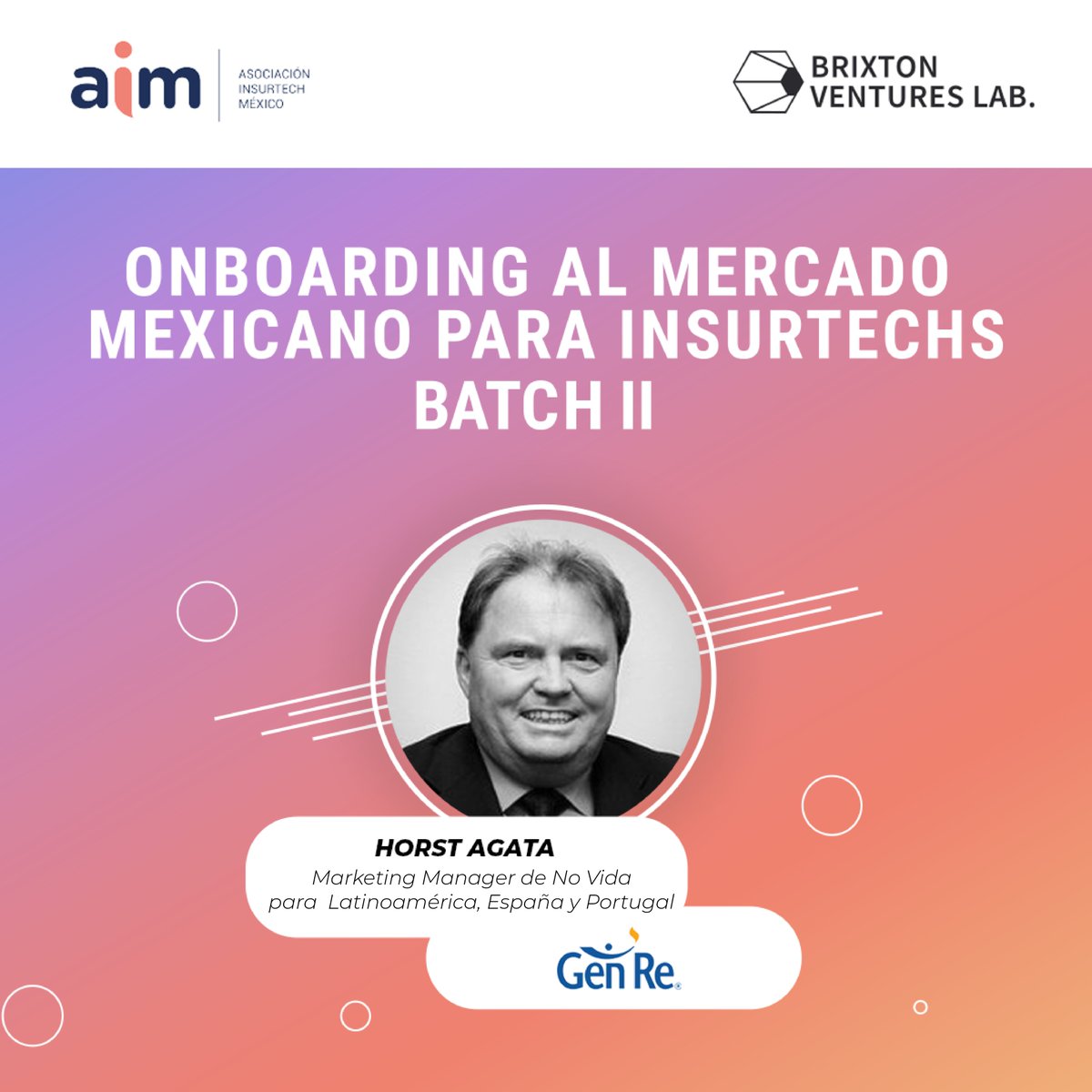 InsurtechMexico's tweet image. Tenemos a nuestro primer speaker 🥳🎉

@HorstAgata es especialista del Sector de Reaseguro en México, y actualmente es  Marketing Manager  en LATAM 🇪🇸 y 🇵🇹 en @GenRe

Será nuestro experto en el módulo: Mercado Mexicano de Seguros🤘