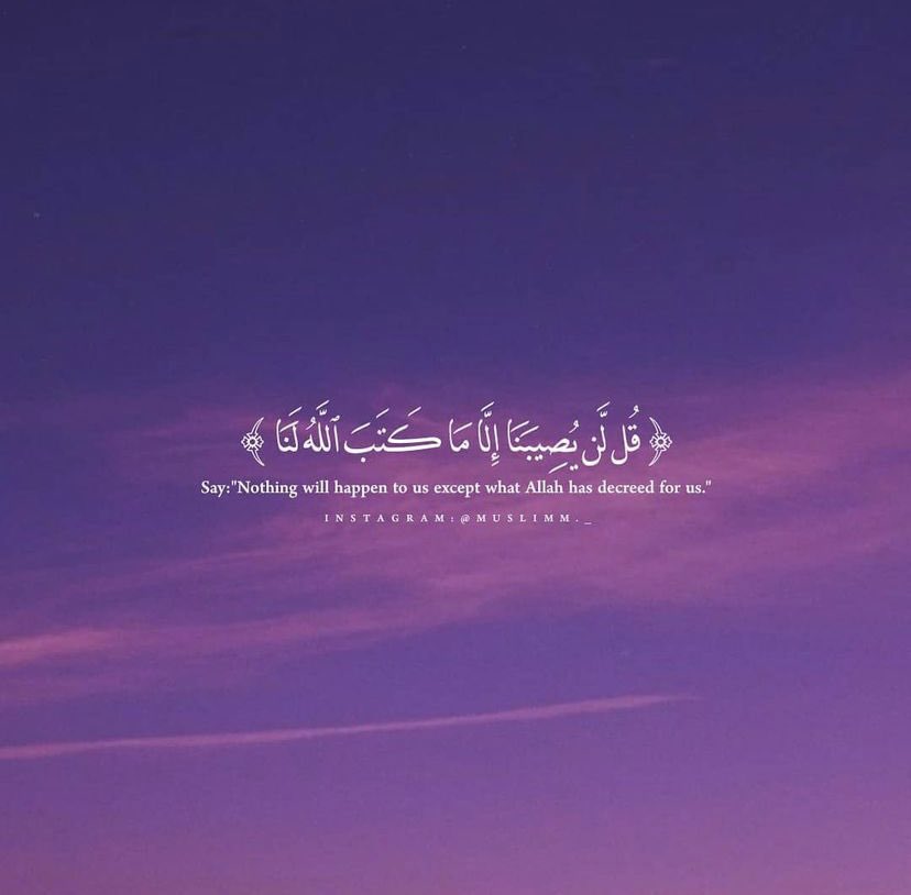 ﴿قُل لَّن يُصِيبَنَا إِلَّا مَا كَتَبَ اللَّهُ لَنَا﴾

جف القلم رفعت الصحف قضي الأمر كتبت المقادير ما أصابك لم يكن ليخطئك وما أخطأك لم يكن ليصيبك عقيدة إذا رسخت في نفسك أصبحت البلية عطية والمحن منح وكل الوقائع جوائز وأوسمة.