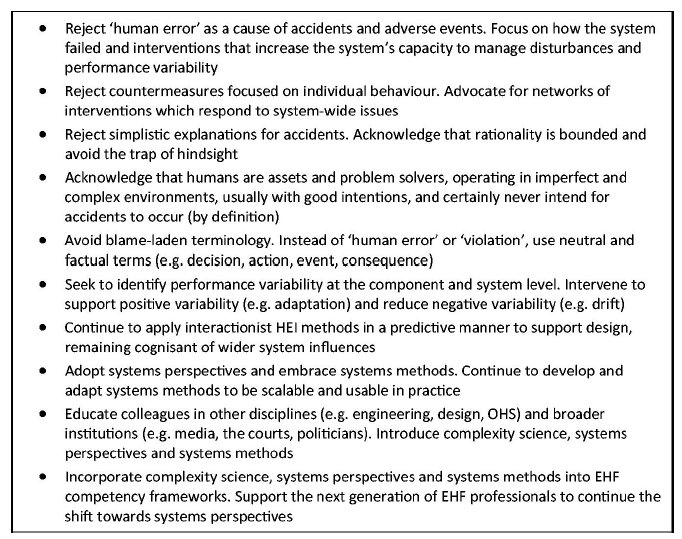 DrPaulSalmon's tweet photo. In our @ergonomics1957 state-of-science article on human error we propose the following recommendations to shift the focus from an individual, mechanistic, blame-worthy ‘human error’ approach towards a sociotechnical systems thinking approach #error #systemsthinking #safety https://t.co/af9bIb1iOu