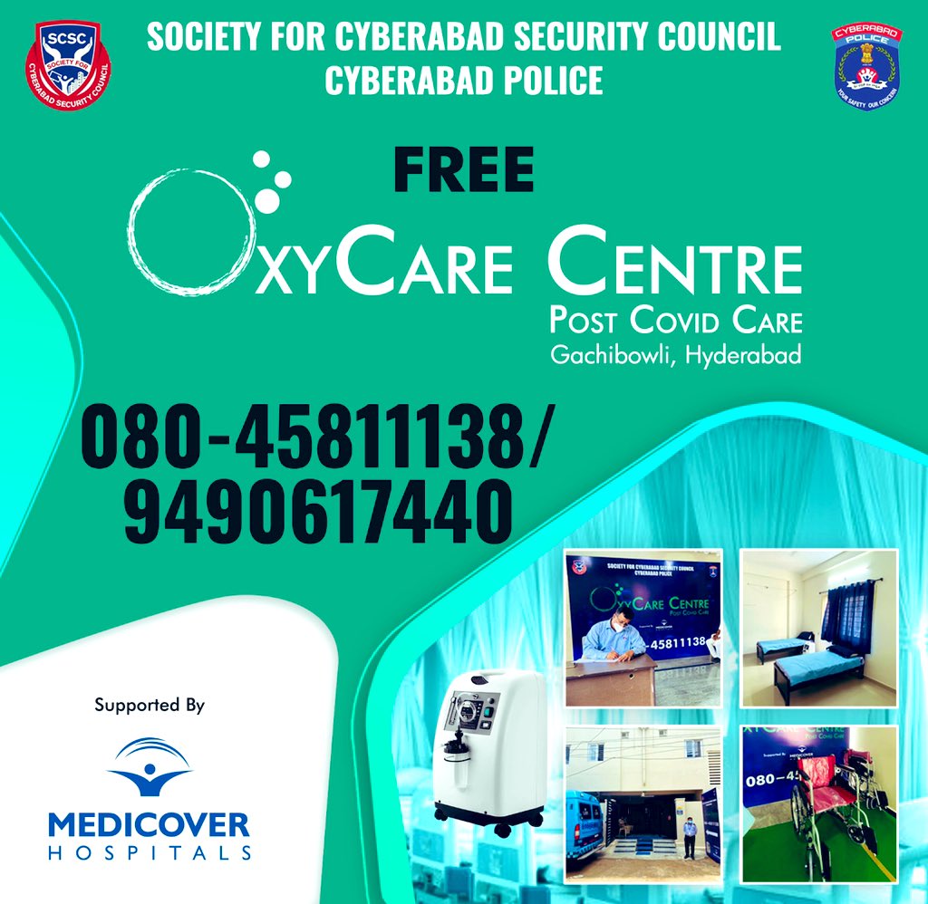 OxyCare Centre provides free service to all needy people who effected from covid. @OxycareCyb (Post Covid Care) Organised by @SCSC_Cyberabad & supported by @MedicoverIN.